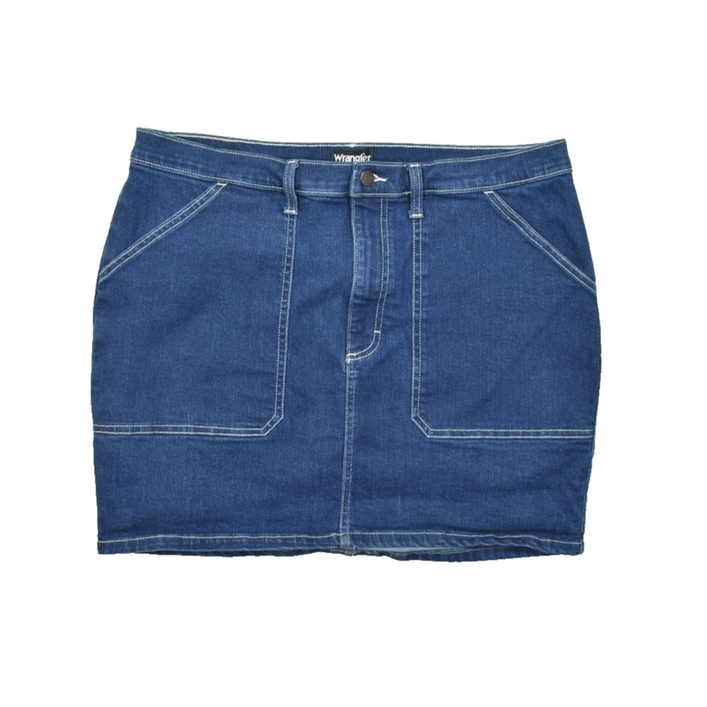 Wrangler Women's XL Denim Mini Skirt Dark Wash Stretch Jean Pockets Waist 20"
